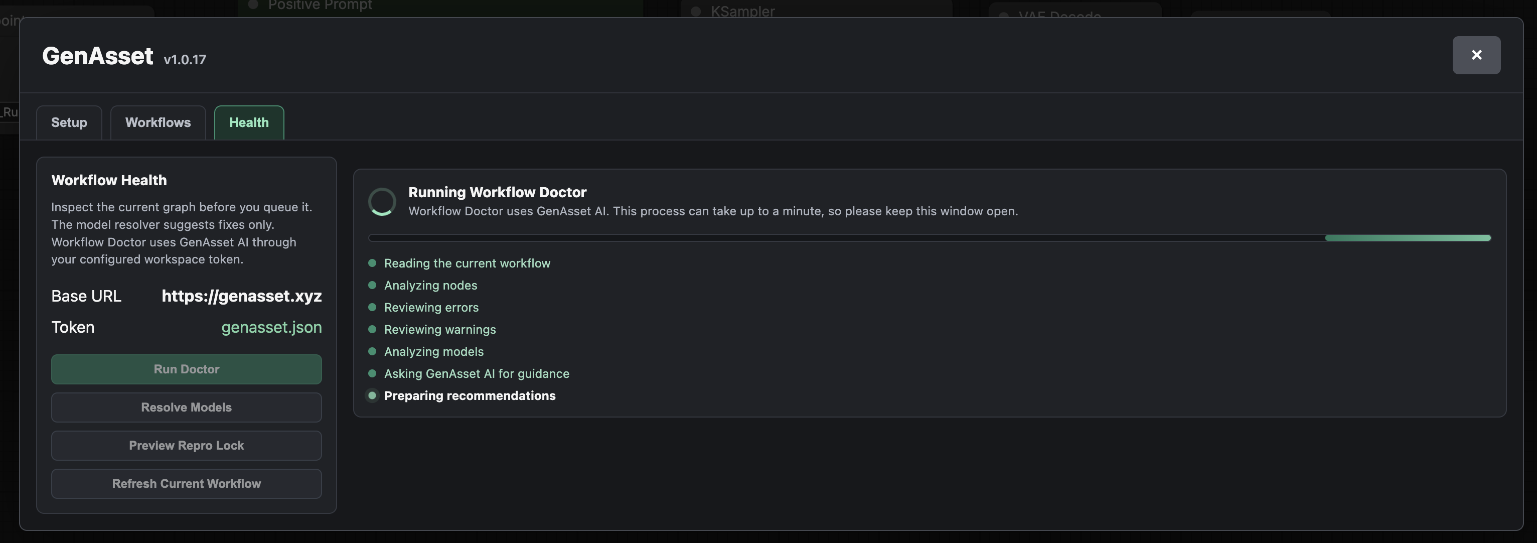 GenAsset Manager Workflow Doctor running in ComfyUI