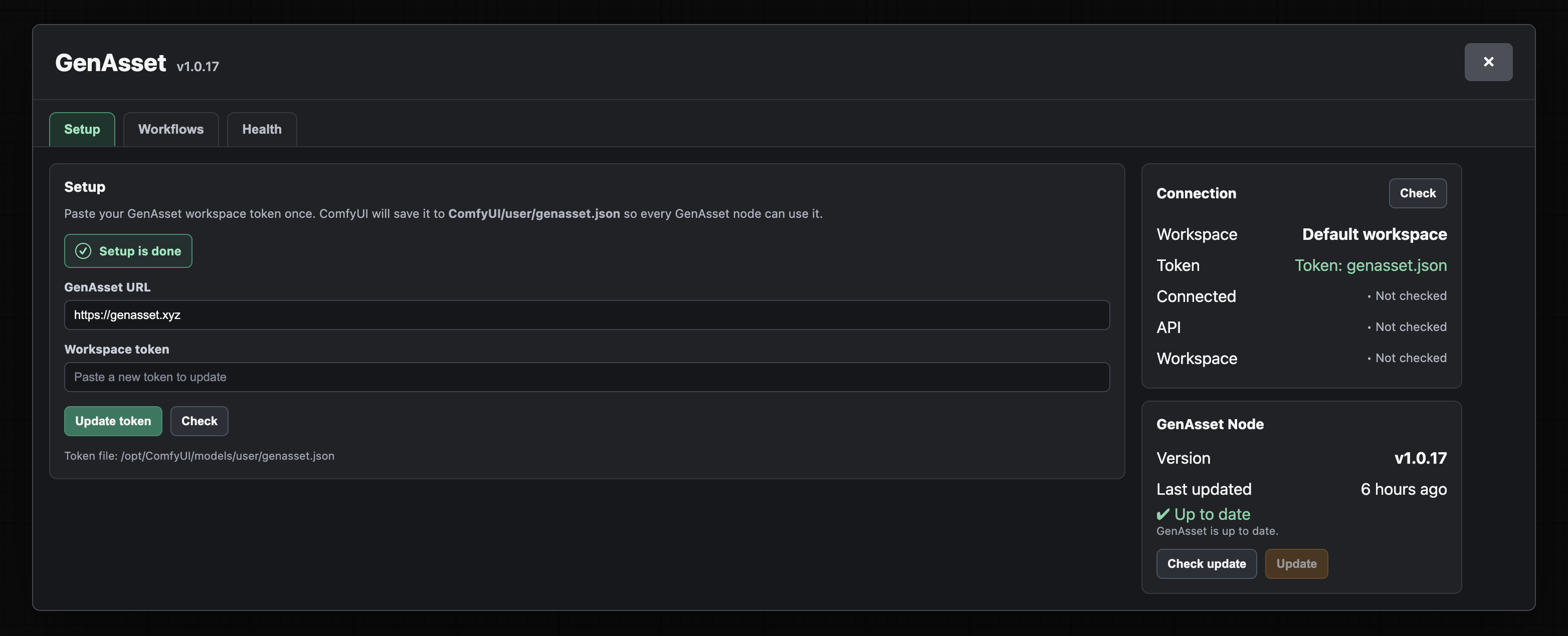 GenAsset Manager Setup tab in ComfyUI