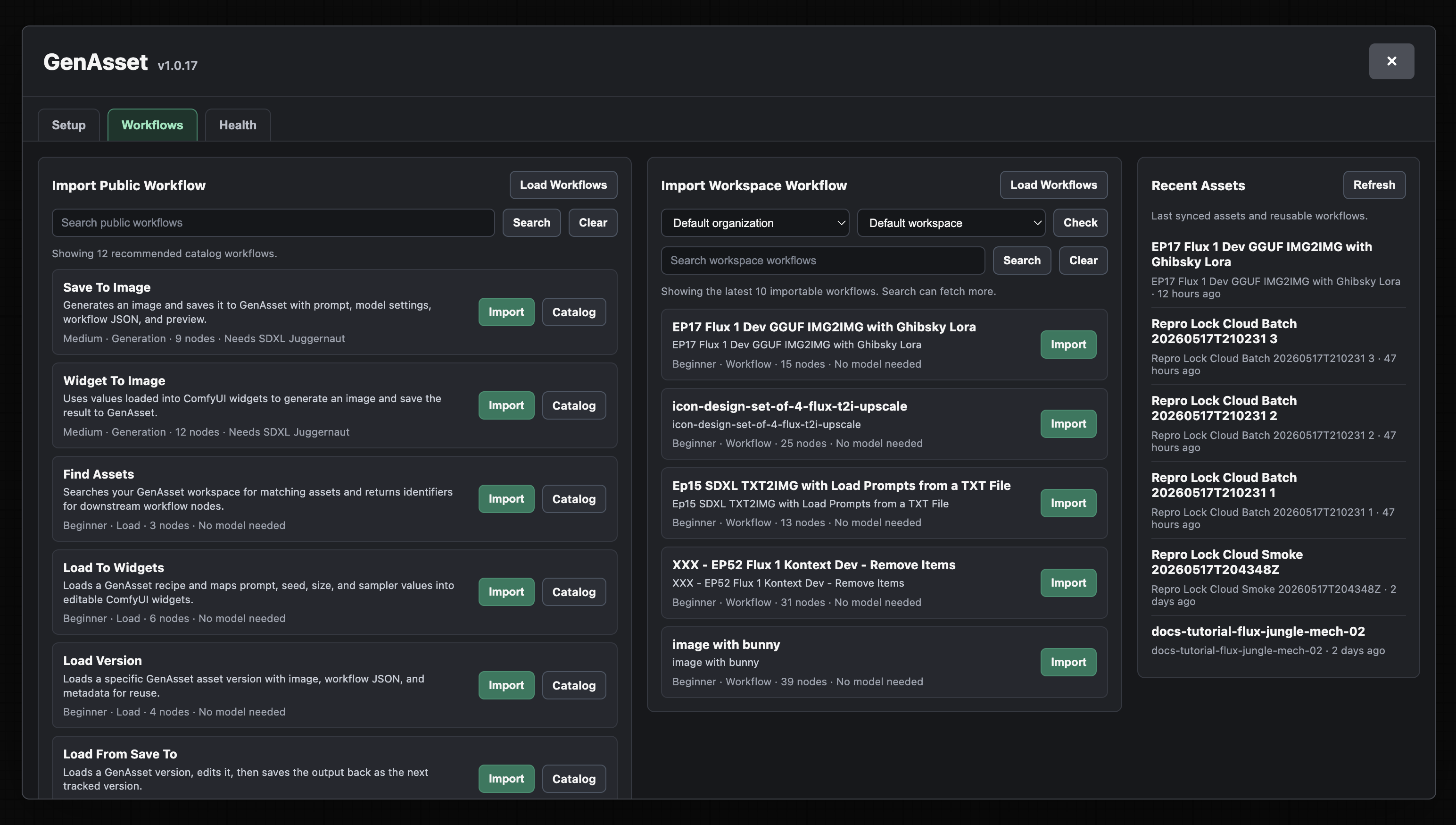 GenAsset Manager Workflows tab in ComfyUI